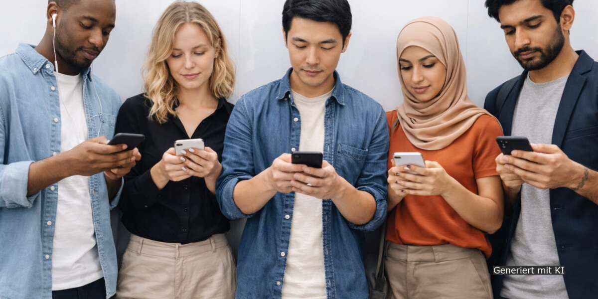 Fünf Menschen schauen auf ihre Mobiltelefone.