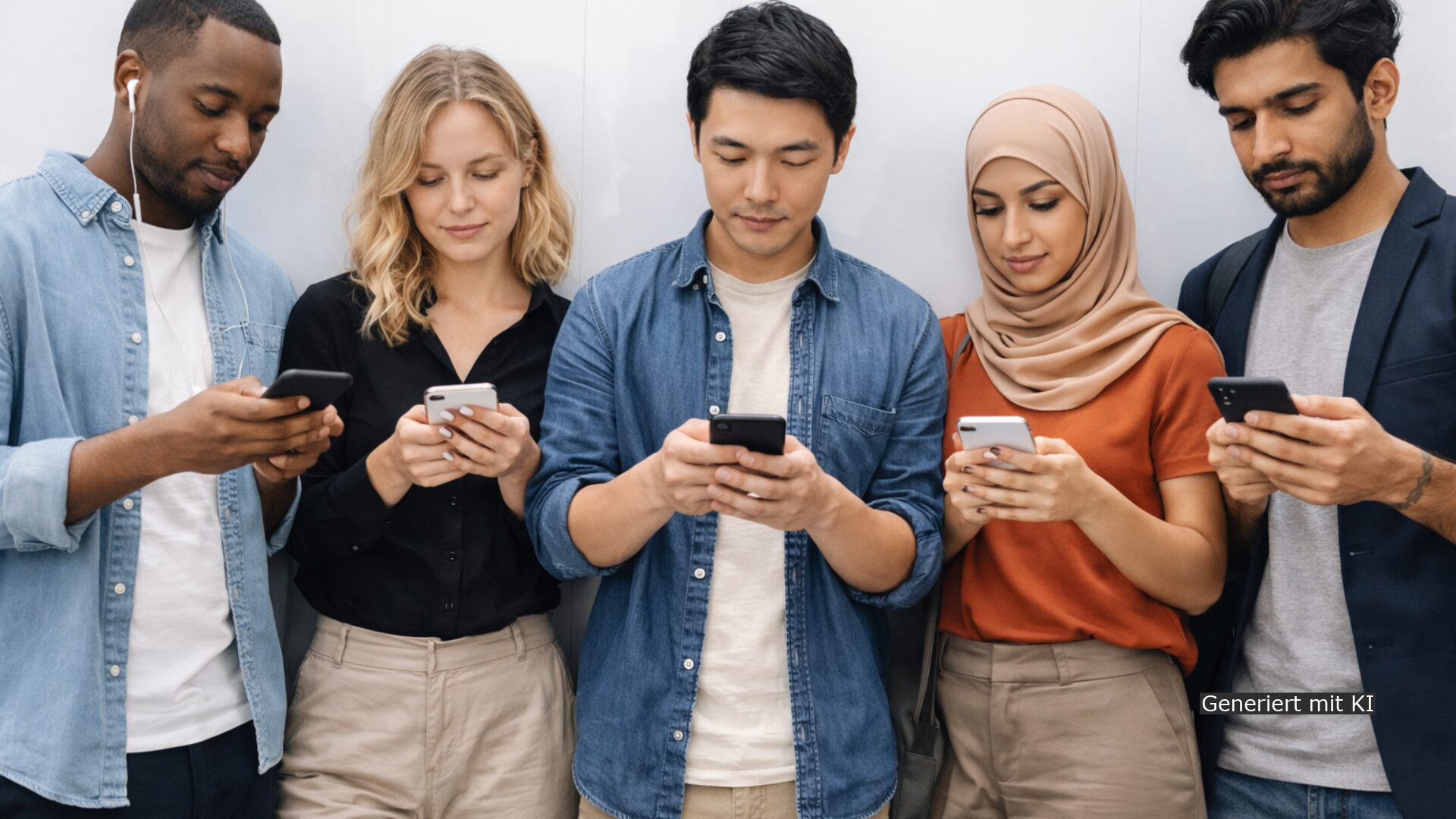 Fünf Menschen schauen auf ihre Mobiltelefone.